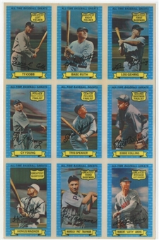 1972 Kelloggs "All-Time Baseball Greats" Uncut Sheet (9 Cards) - Featuring Ruth, Gehrig, Cobb, Young and Wagner